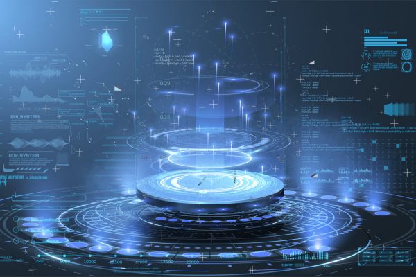 Futuristic lab with 3D circle and HUD elements interface. Blank Hologram for show your product. Stock vector Futuristic lab with 3D circle and HUD elements interface. Blank Hologram for show your product. User interface HUD and Infographic elements, virtual graphic, simulation, graph, icon. Vector